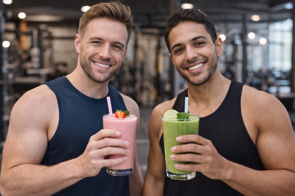 Dos hombres en el gimnasio sonriendo con batidos rosa y verde con fresa, lima y menta.