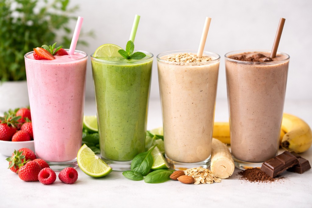 Variedad de batidos para adelgazar: fresa, verde, avena y chocolate con fruta fresca alrededor de cada vaso.